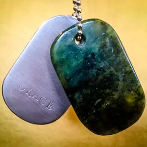 00018 Talisman of Jade and Steel "GRACE" Stamped Goddess Tag Necklace