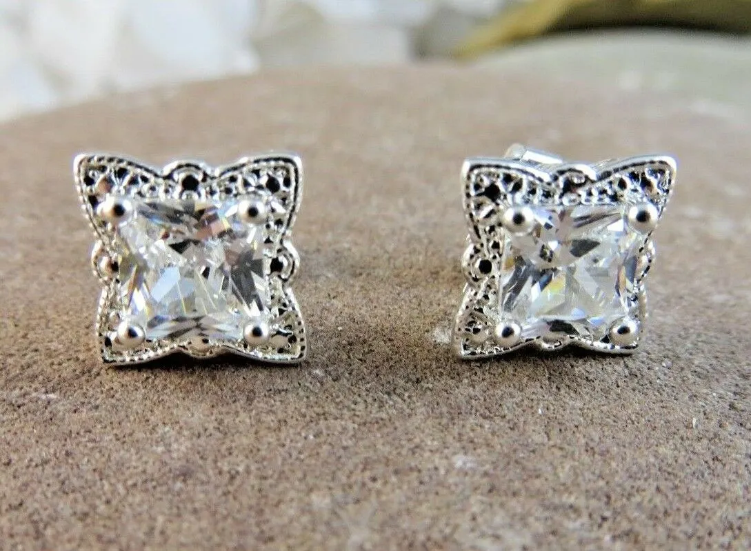 10% OFF- Sparkling! Vintage Avon Square White Gem Stone Post Stud Earrings