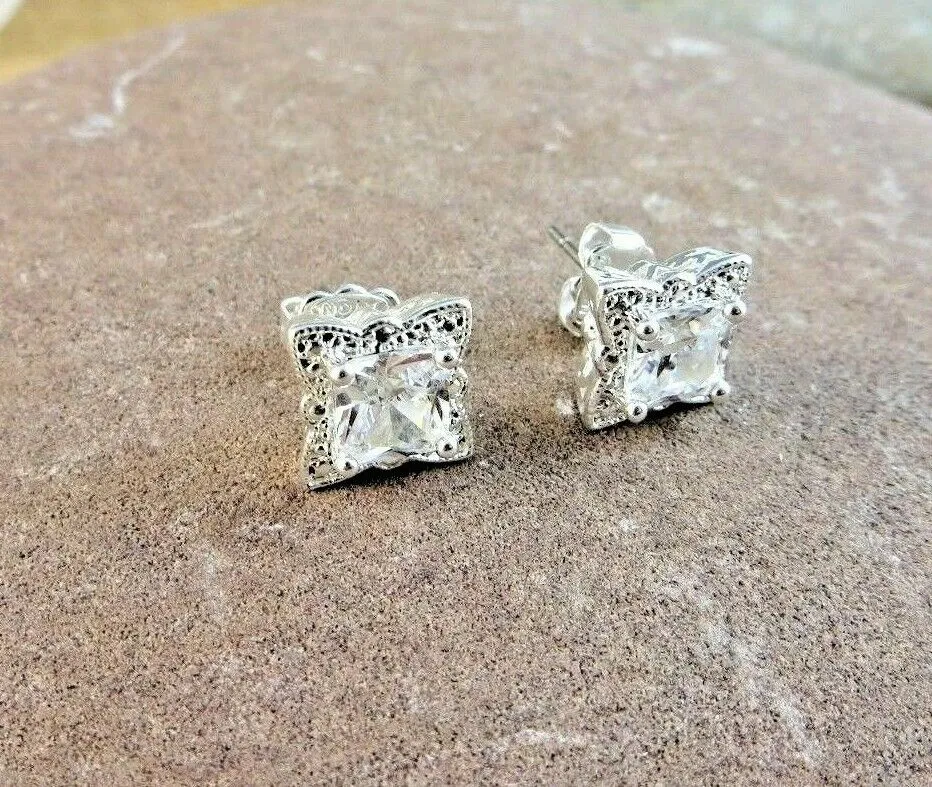 10% OFF- Sparkling! Vintage Avon Square White Gem Stone Post Stud Earrings