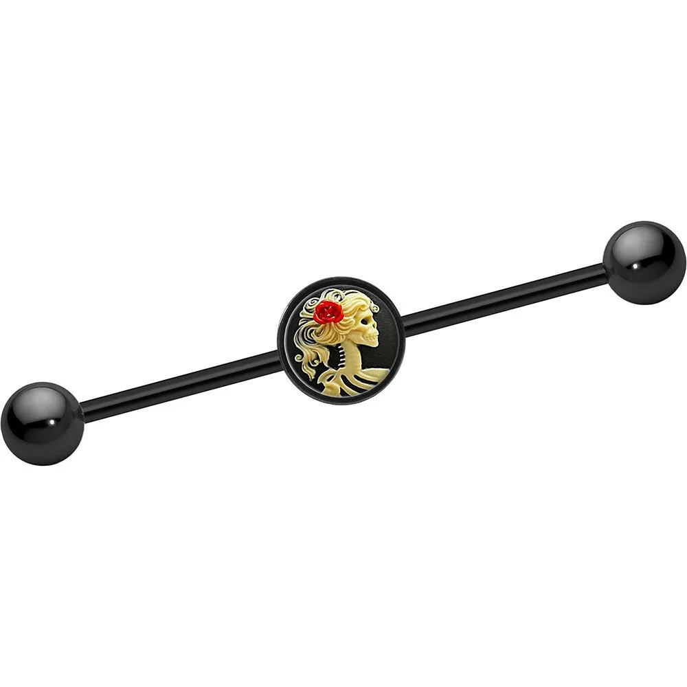 14 Gauge Black Anodized Red Rose Flower Skeleton Cameo Industrial Bar 37mm