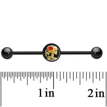14 Gauge Black Anodized Red Rose Flower Skeleton Cameo Industrial Bar 37mm