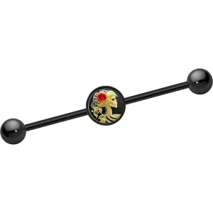14 Gauge Black Anodized Red Rose Flower Skeleton Cameo Industrial Bar 37mm