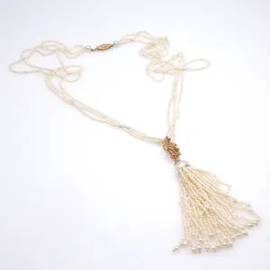 18K Yellow Gold and Pearl Tassle Necklace and Earring Set