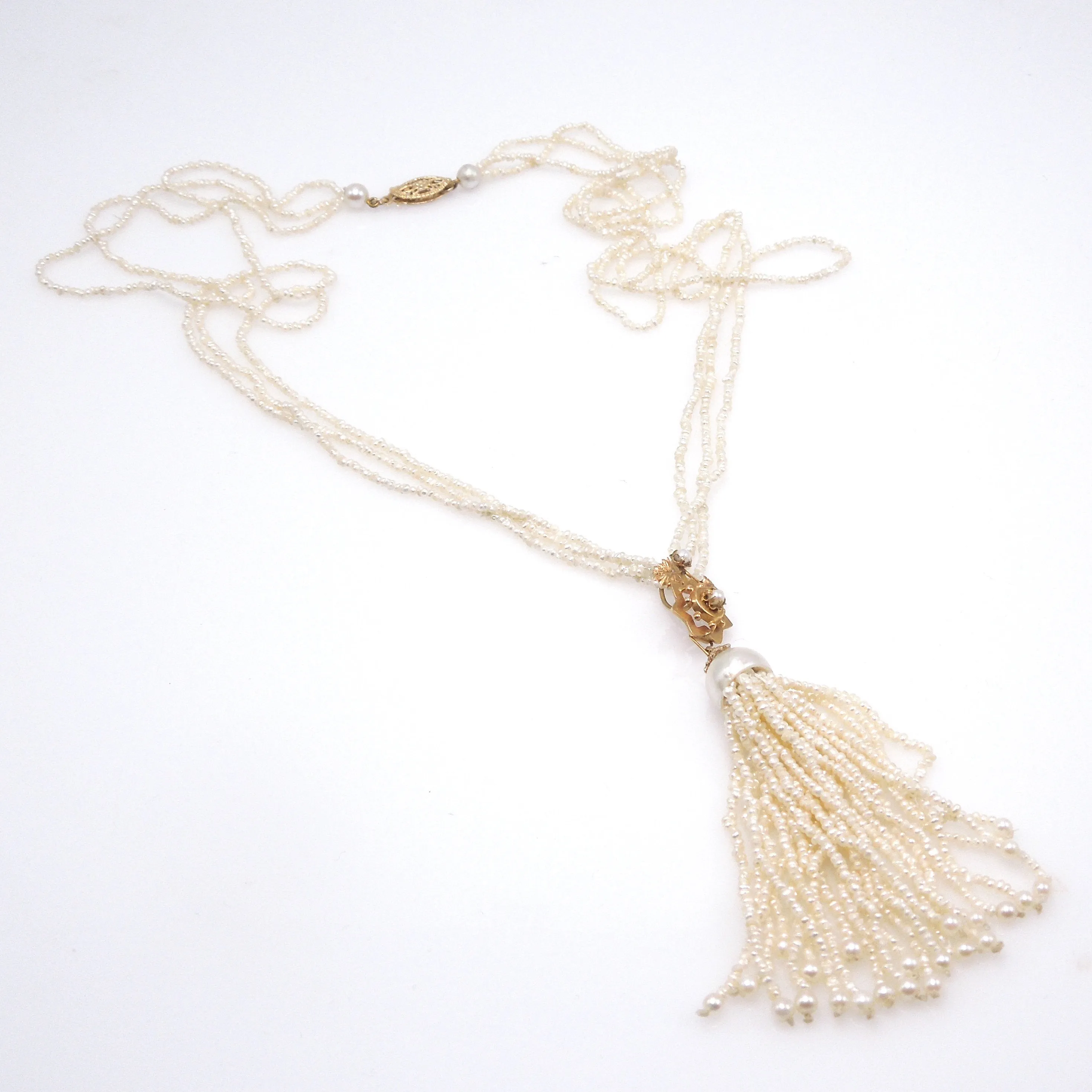 18K Yellow Gold and Pearl Tassle Necklace and Earring Set
