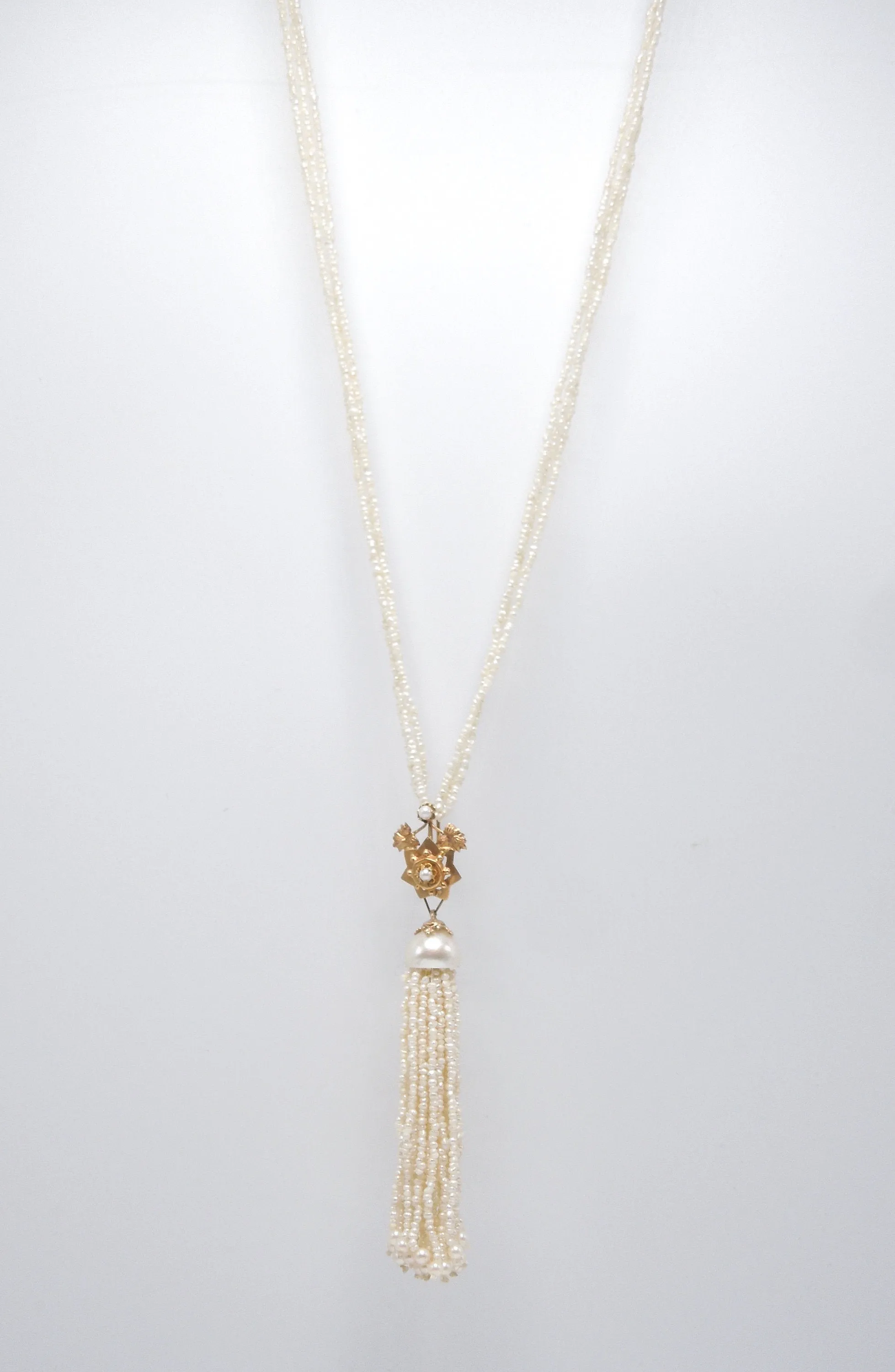 18K Yellow Gold and Pearl Tassle Necklace and Earring Set