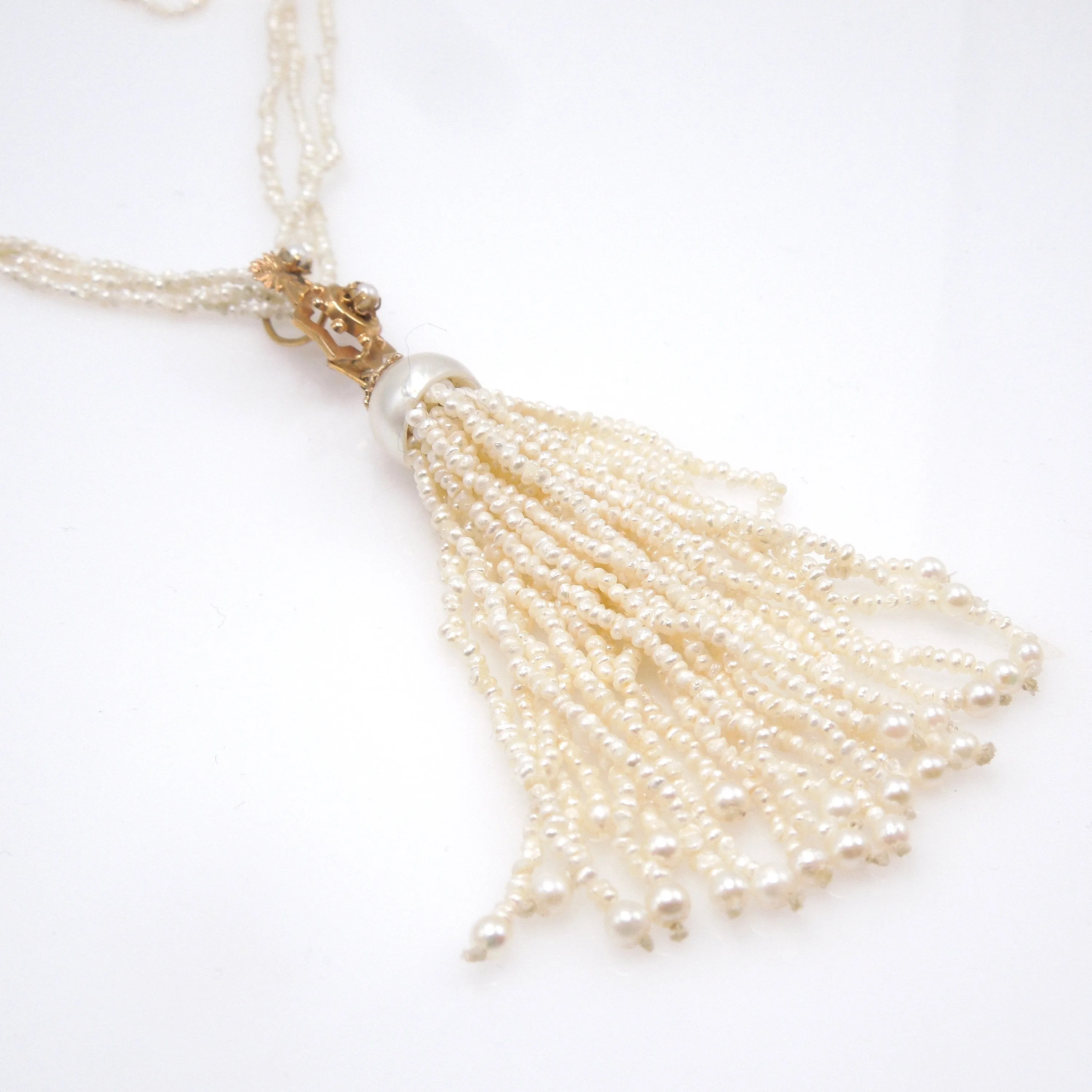 18K Yellow Gold and Pearl Tassle Necklace and Earring Set