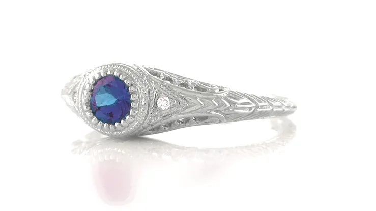 1920's Art Deco Filigree Lab Alexandrite Engagement Ring in White Gold With Side Diamonds