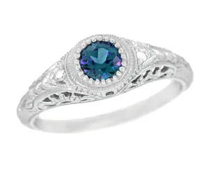 1920's Art Deco Filigree Lab Alexandrite Engagement Ring in White Gold With Side Diamonds
