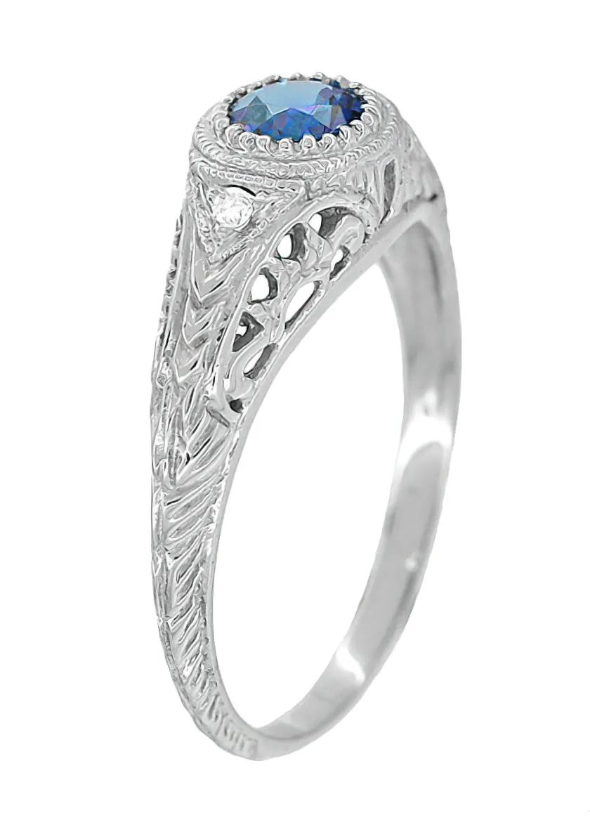 1920's Art Deco Filigree Lab Alexandrite Engagement Ring in White Gold With Side Diamonds