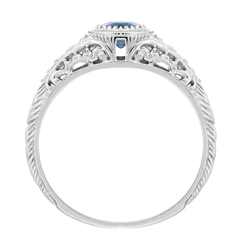 1920's Art Deco Filigree Lab Alexandrite Engagement Ring in White Gold With Side Diamonds