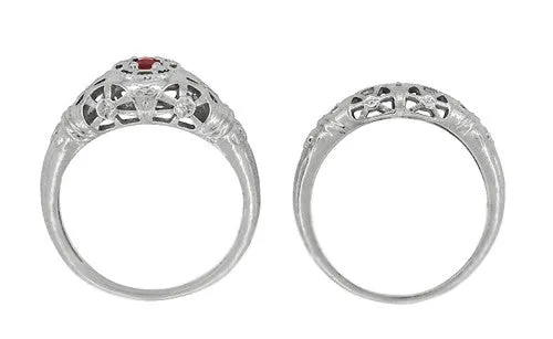 1920's Art Deco Low Dome Filigree Ruby Ring in 14 Karat White Gold