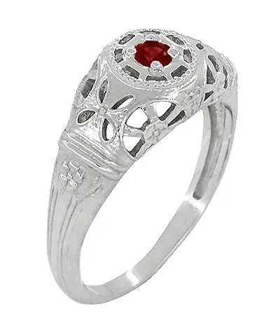 1920's Art Deco Low Dome Filigree Ruby Ring in 14 Karat White Gold