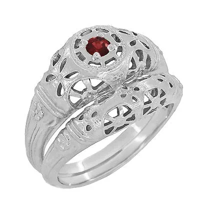 1920's Art Deco Low Dome Filigree Ruby Ring in 14 Karat White Gold