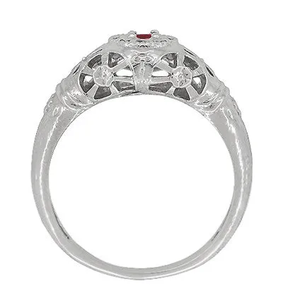 1920's Art Deco Low Dome Filigree Ruby Ring in 14 Karat White Gold