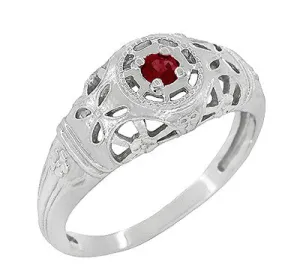 1920's Art Deco Low Dome Filigree Ruby Ring in 14 Karat White Gold