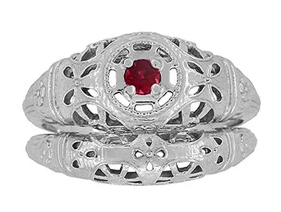 1920's Art Deco Low Dome Filigree Ruby Ring in 14 Karat White Gold