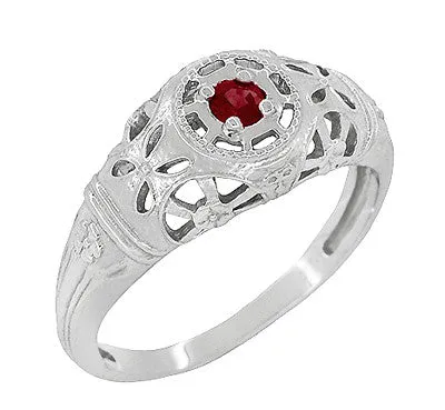 1920's Art Deco Low Dome Filigree Ruby Ring in 14 Karat White Gold