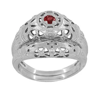 1920's Art Deco Low Dome Filigree Ruby Ring in 14 Karat White Gold