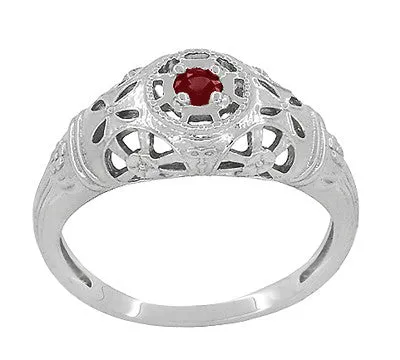 1920's Art Deco Low Dome Filigree Ruby Ring in 14 Karat White Gold