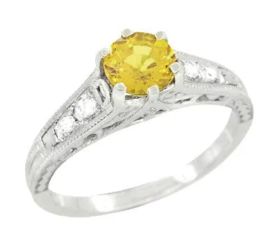 1920's Art Deco Yellow Sapphire and Diamond Filigree Platinum Engagement Ring