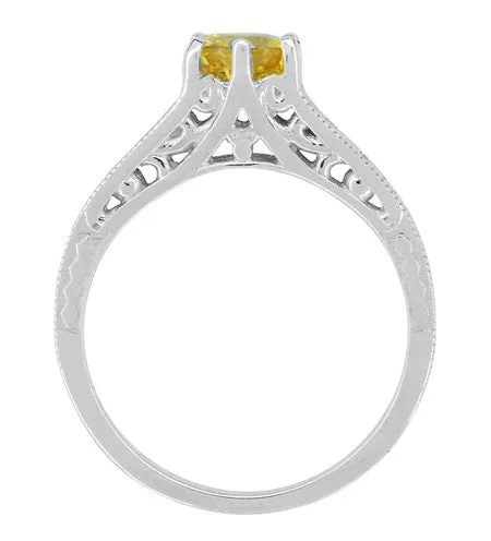 1920's Art Deco Yellow Sapphire and Diamond Filigree Platinum Engagement Ring