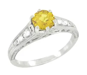 1920's Art Deco Yellow Sapphire and Diamond Filigree Platinum Engagement Ring