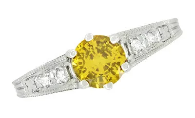 1920's Art Deco Yellow Sapphire and Diamond Filigree Platinum Engagement Ring