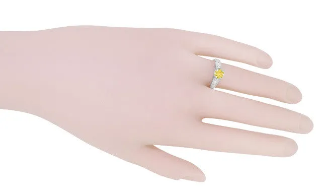 1920's Art Deco Yellow Sapphire and Diamond Filigree Platinum Engagement Ring