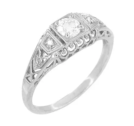 1920's Design White Sapphire Filigree Art Deco Engagement Ring in 14 Karat White Gold
