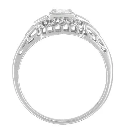 1920's Design White Sapphire Filigree Art Deco Engagement Ring in 14 Karat White Gold