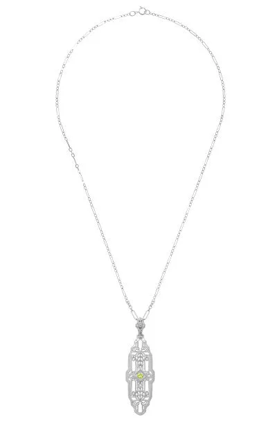1920's Filigree Peridot Pendant Necklace in Sterling Silver - Art Deco Lozenge Shape