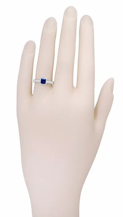 1920's Vintage Inspired Princess Cut Square Blue Sapphire Engagement Ring in 18K White Gold | 3/4 Carat