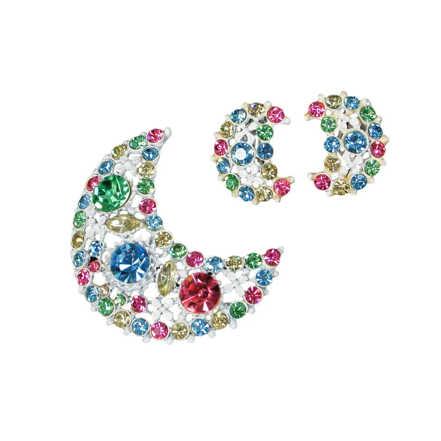 1960s Pastel Rhinestone Moon Brooch and Earring Set