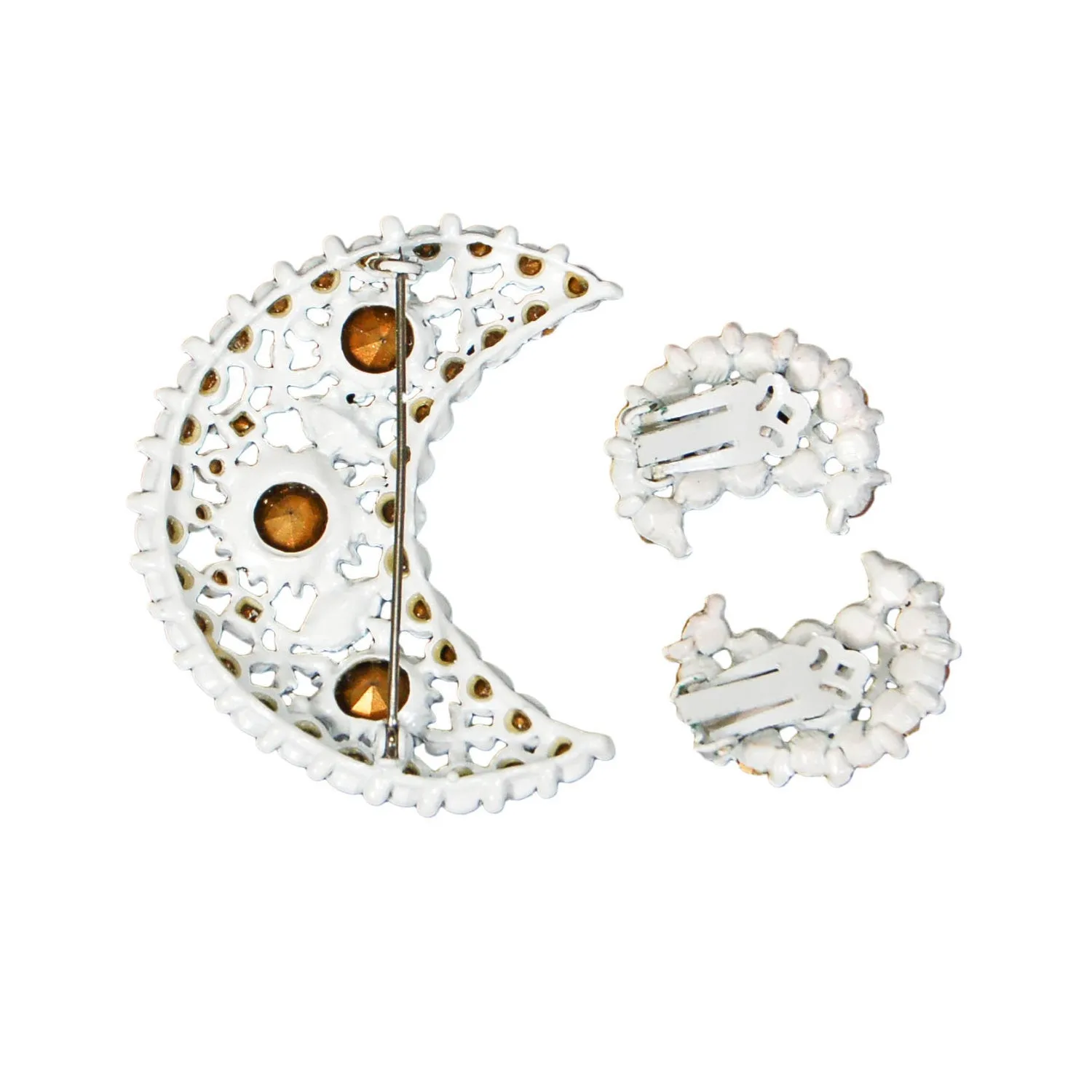 1960s Pastel Rhinestone Moon Brooch and Earring Set