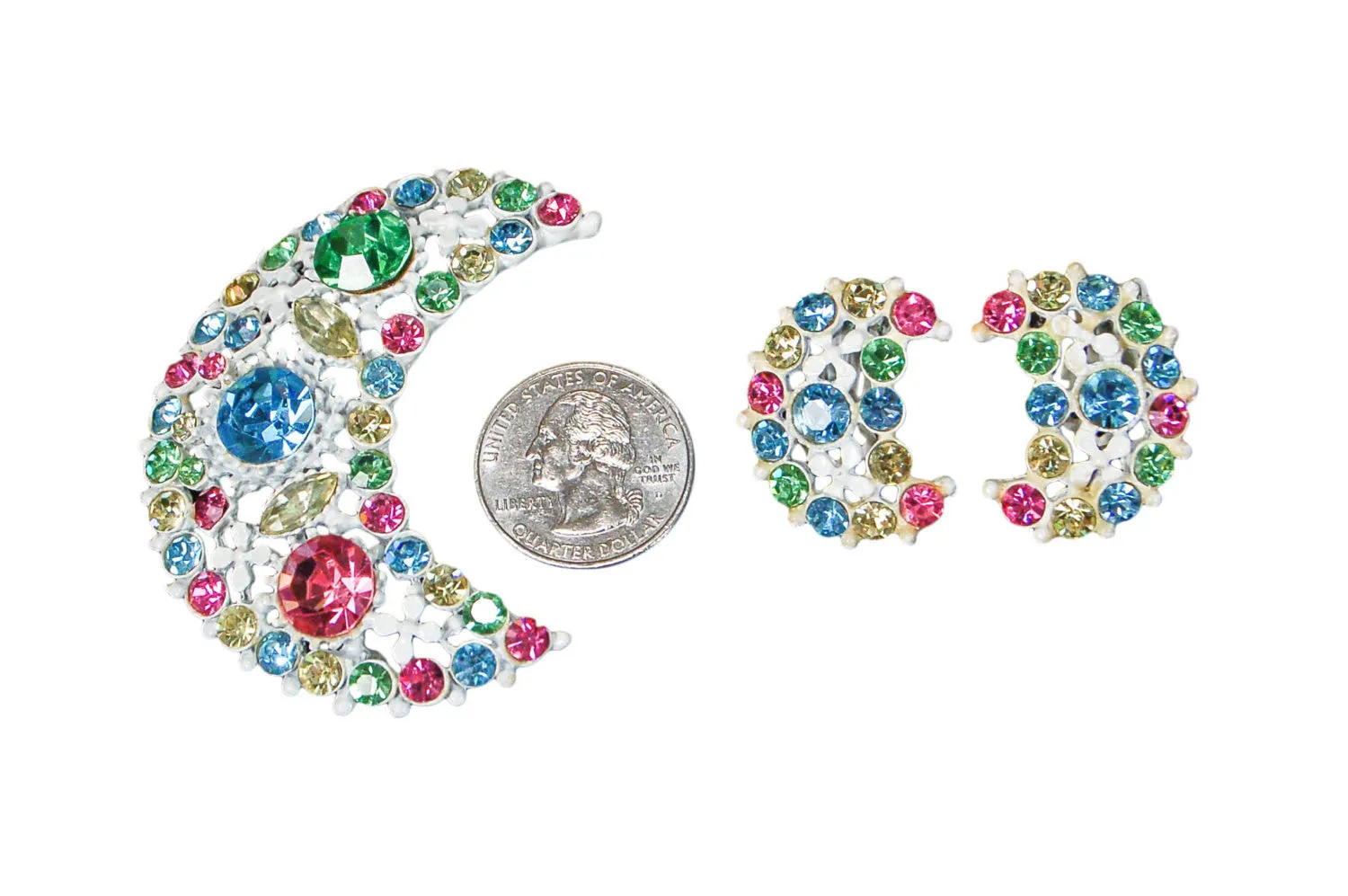 1960s Pastel Rhinestone Moon Brooch and Earring Set