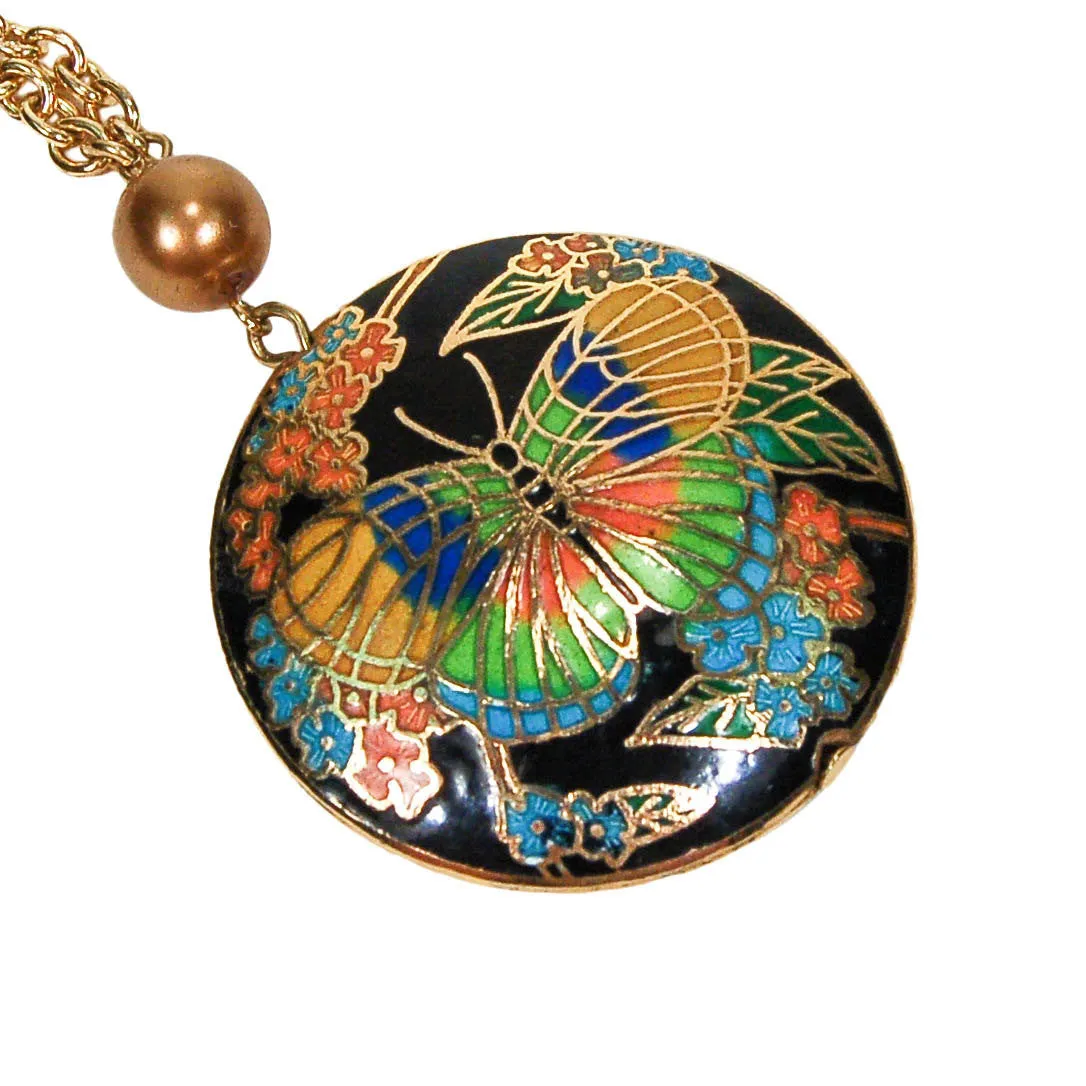 1970's Bohemian Cloisonne Butterfly Necklace