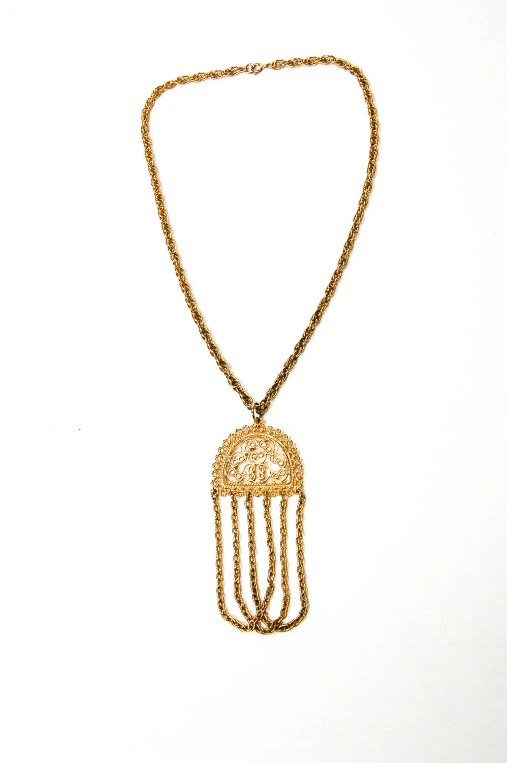 1970's Gold Tone Filigree Tassel Necklace