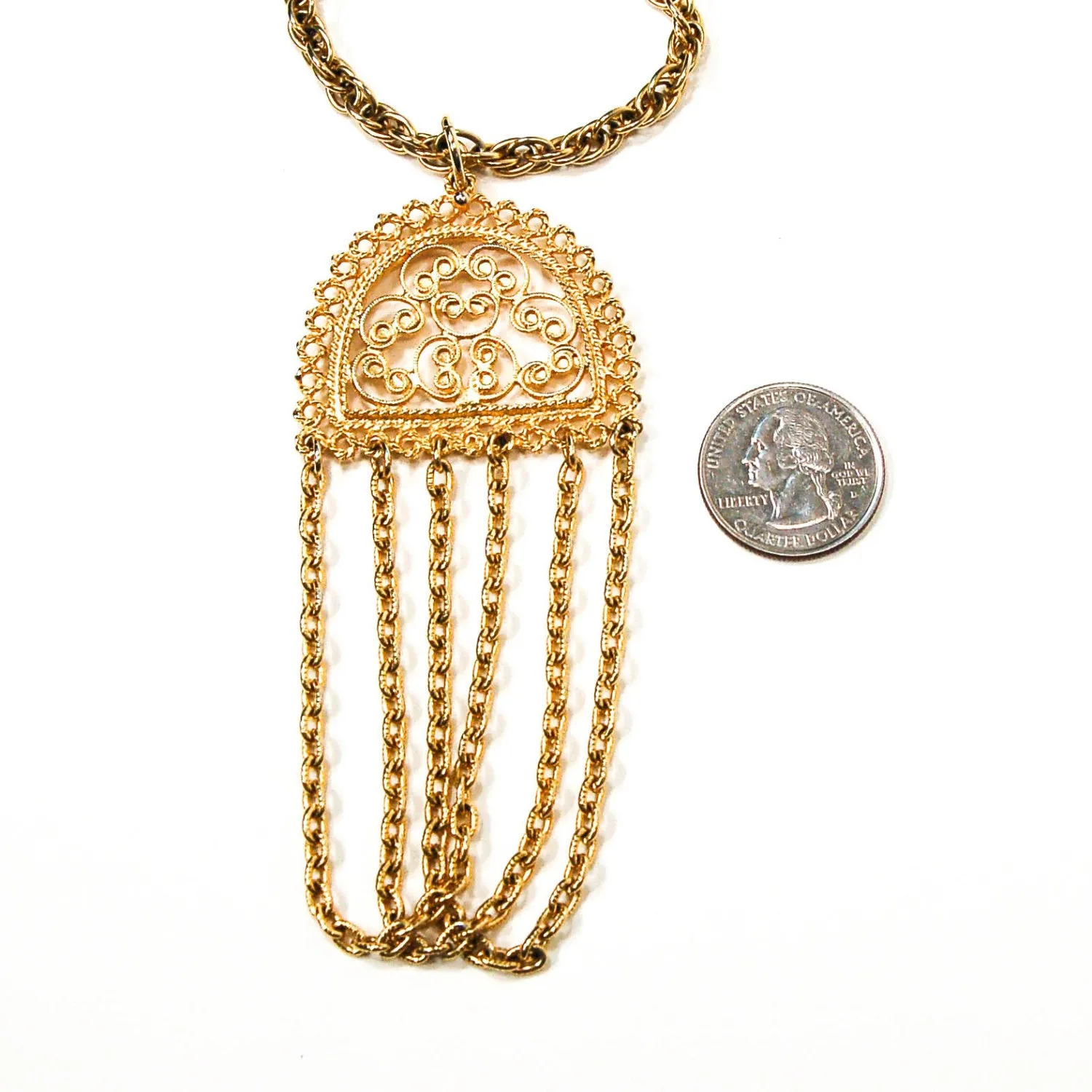 1970's Gold Tone Filigree Tassel Necklace