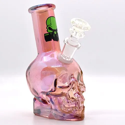5" Glass Skull Water Bubbler Green, Pink or Blue, with Sticker