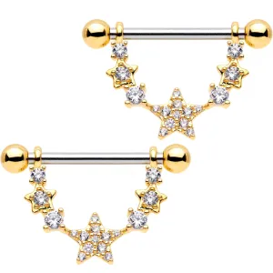9/16 Clear CZ Gem Gold Tone Star Dangle Barbell Nipple Ring Set