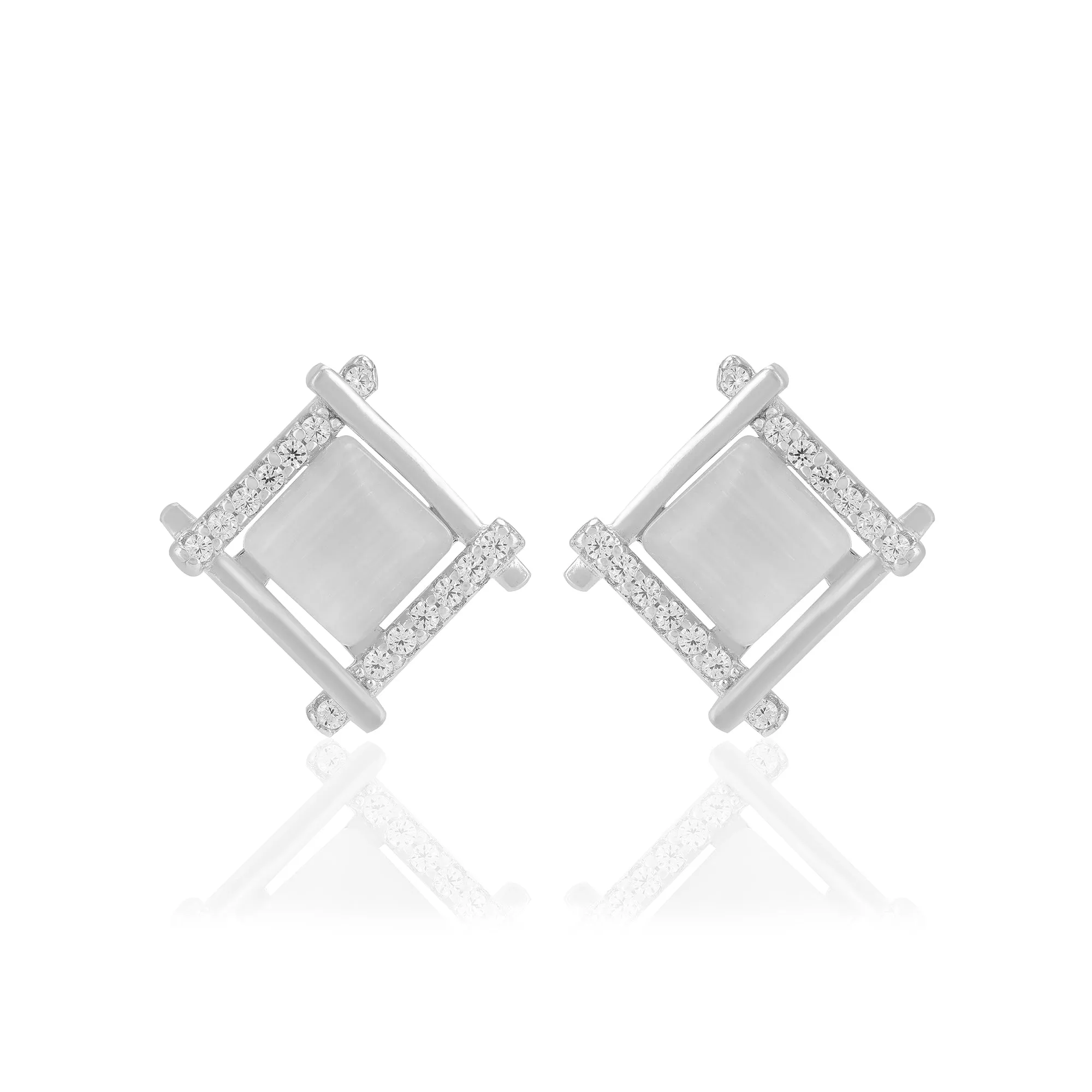 925 Sterling Silver Tilted Square Two Side Stoned Earrings For Women
