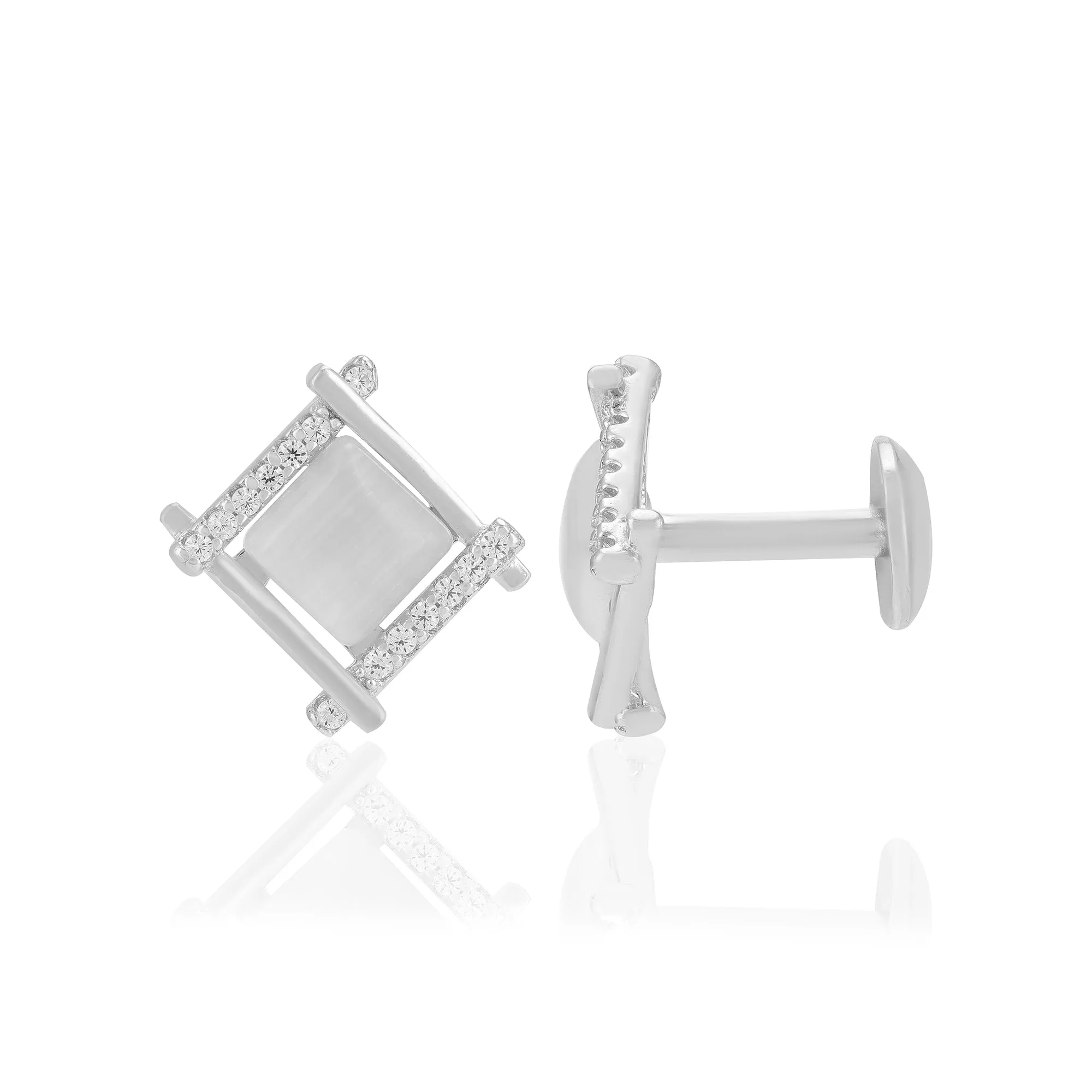 925 Sterling Silver Tilted Square Two Side Stoned Earrings For Women
