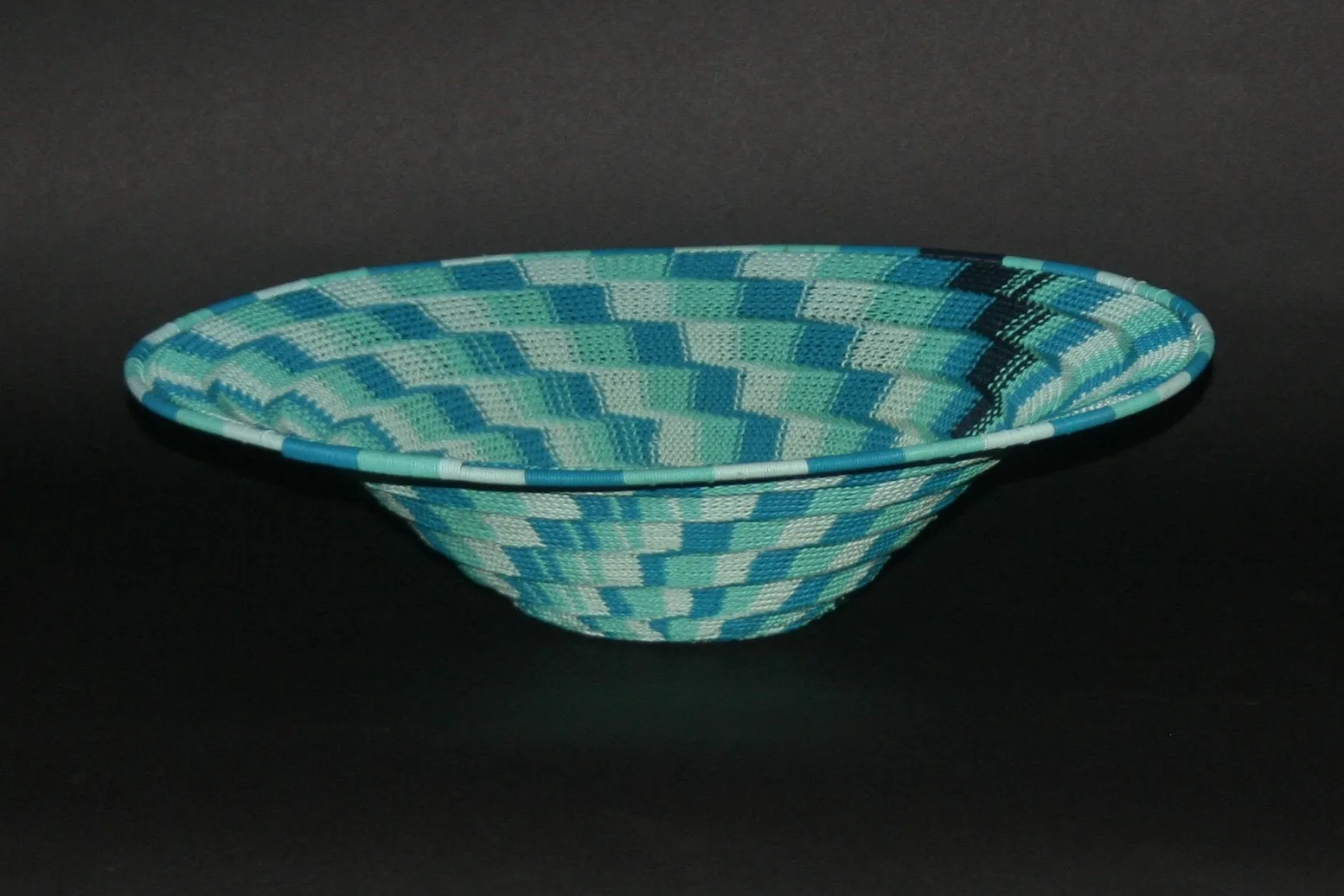 African Telephone Wire Bowl Swirl Basket Blue Turquoise- 15"D X 45"C X 4"H