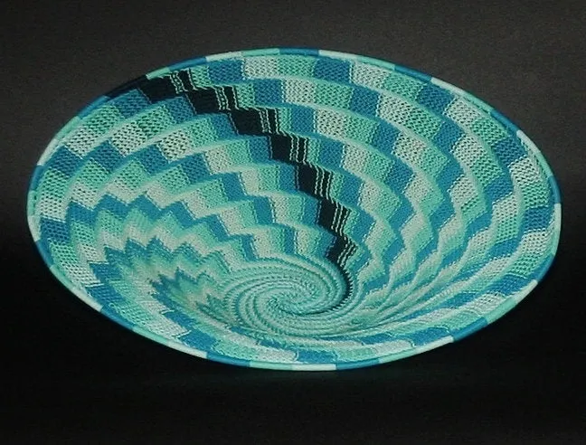 African Telephone Wire Bowl Swirl Basket Blue Turquoise- 15"D X 45"C X 4"H