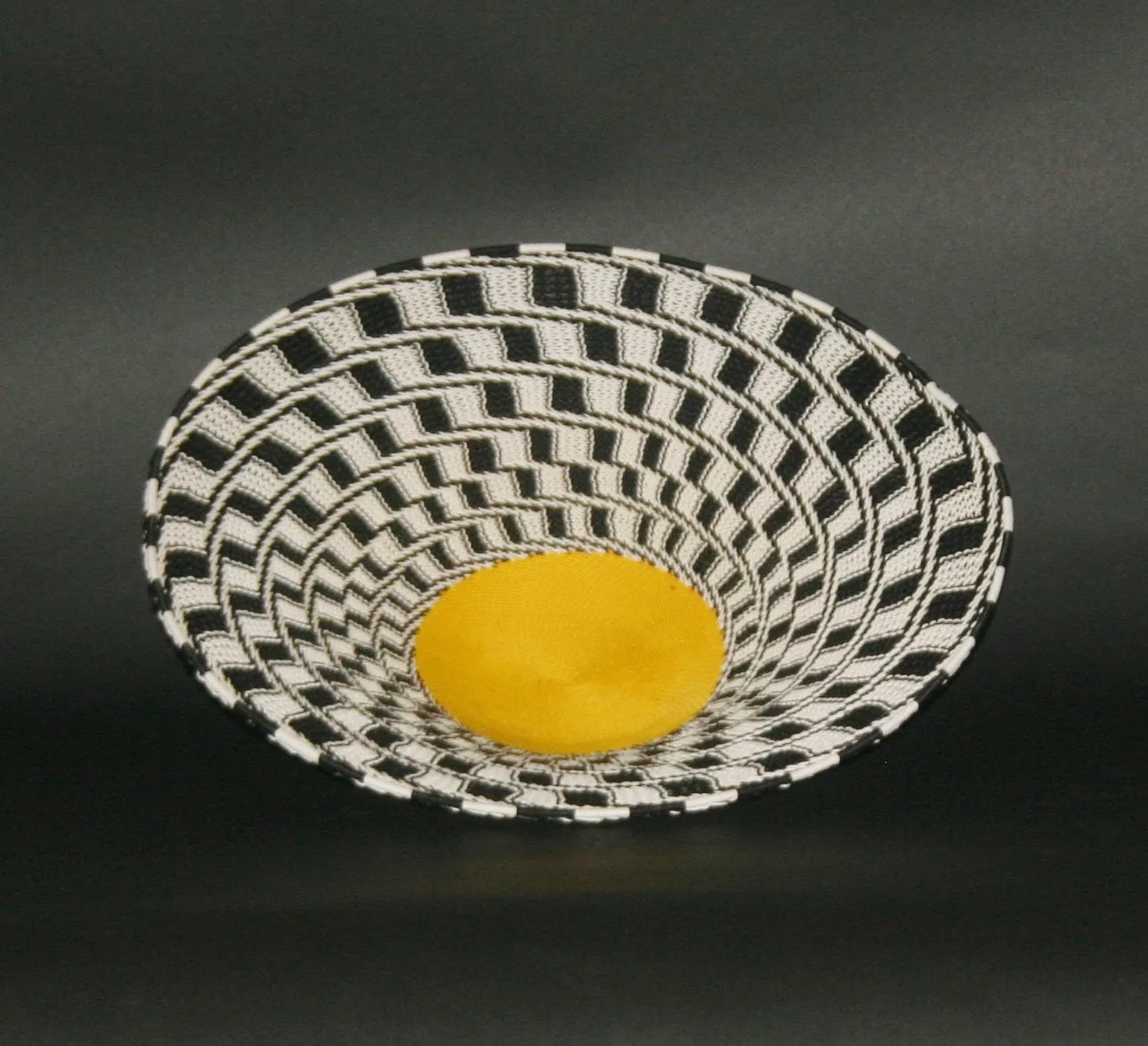 African Telephone Wire Bowl Zulu Basket Black White Yellow- 11.5"D X 3"H