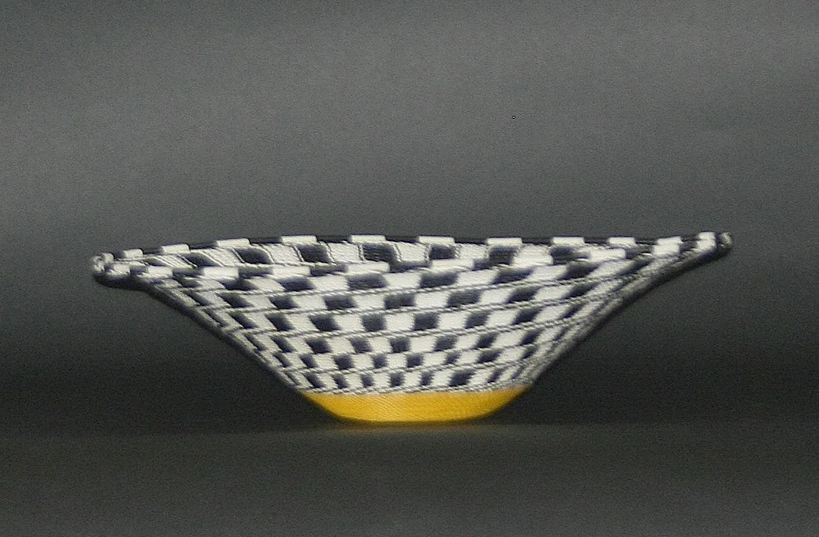 African Telephone Wire Bowl Zulu Basket Black White Yellow- 11.5"D X 3"H