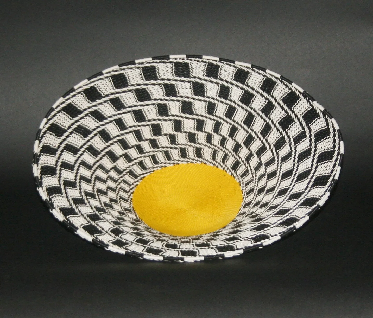 African Telephone Wire Bowl Zulu Basket Black White Yellow- 11.5"D X 3"H
