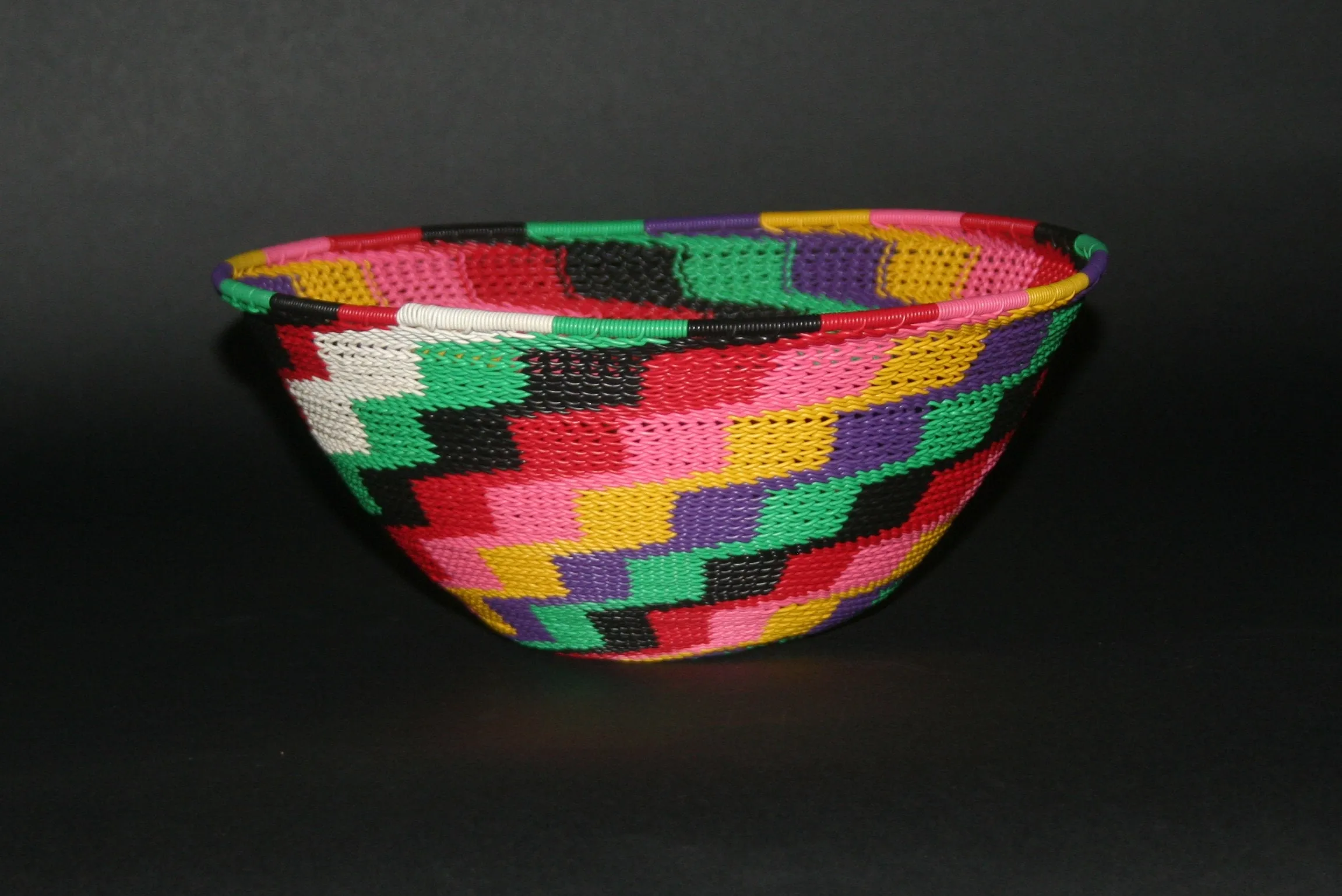 African Telephone Wire Bowl Zulu Basket Multi Colors- 9"D X 4"H