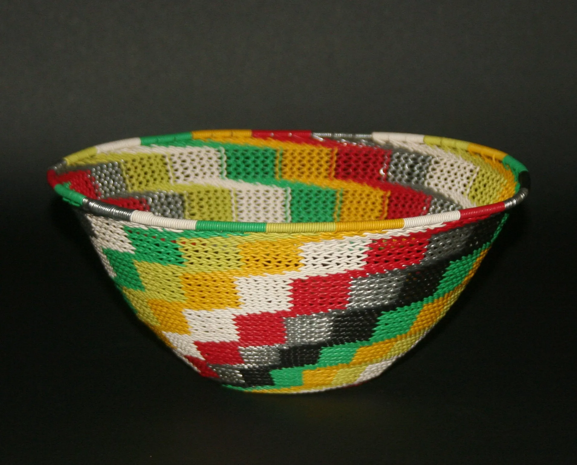 African Telephone Wire Bowl Zulu Basket Rainbow Colors- 9"D X 4"H