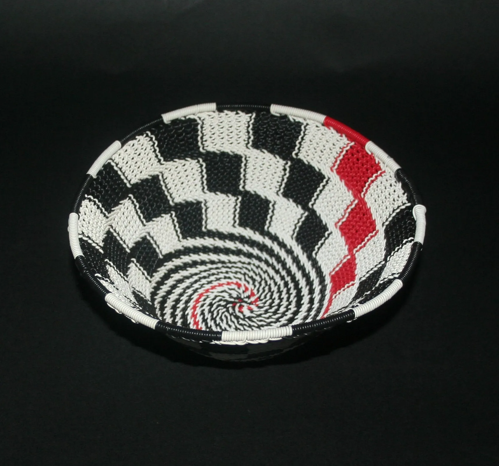 African Telephone Wire Bowl Zulu Basket White Black Red Swirl - 6.75" D X 3" H
